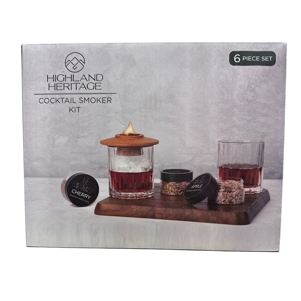 Highland Heritage 6 Piece Cocktail Smoker Kit Whiskey Glasses Wood Chips NEW